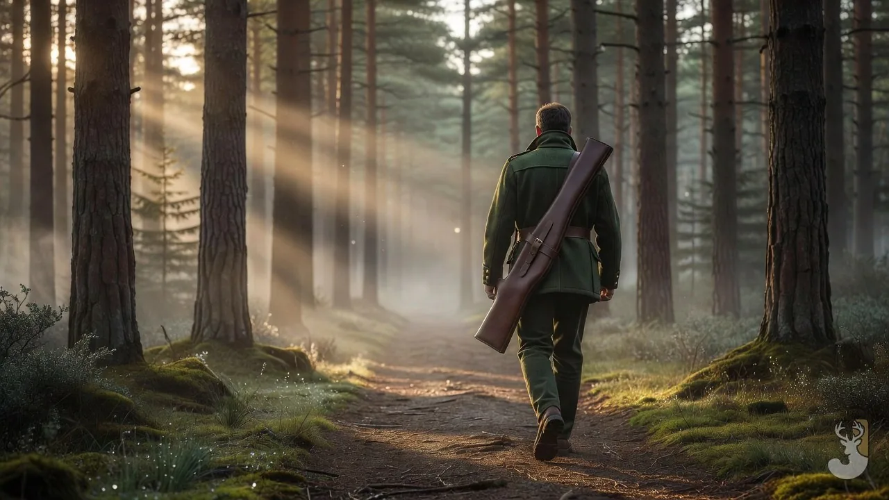 Jäger im Lodenmantel mit verschlossenem Futteral auf einem Waldweg im Morgennebel